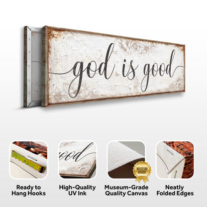 Canvas God Is Good Faith Sign by Tailored Canvases, rustic distressed white with floral border on Tampa Home & Garden Store
