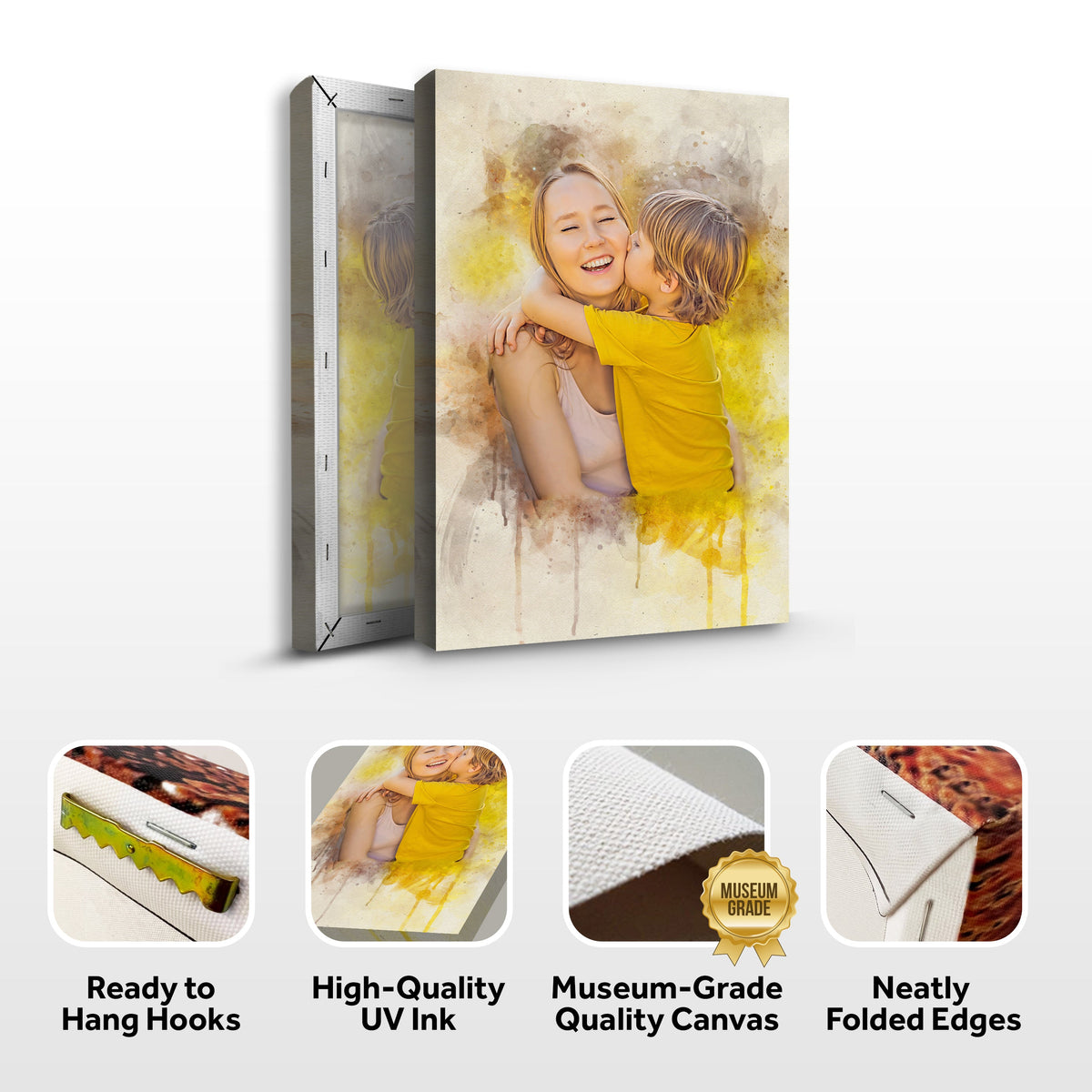 Mother's Day Watercolor Sign Mother and Child canvas with warm yellow watercolor backdrop on Tampa Home & Garden Store