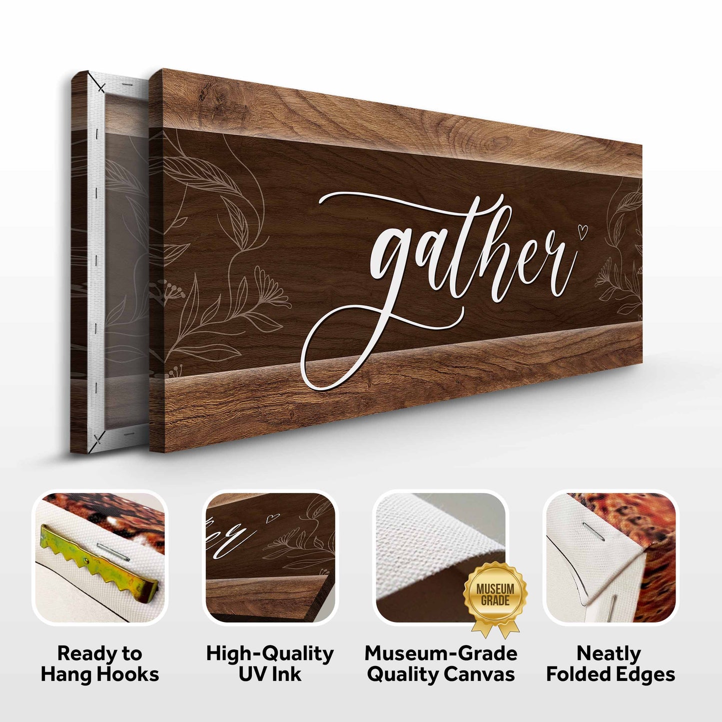 Canvas Gather Sign IX by Tailored Canvases, wood-grain panel with white script text on Tampa Home & Garden Store