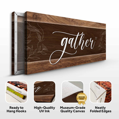 Canvas Gather Sign IX by Tailored Canvases, wood-grain panel with white script text on Tampa Home & Garden Store