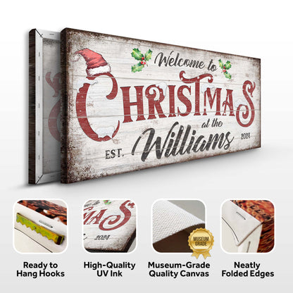Family Welcome To Christmas Sign V canvas, rustic wood with red lettering and holly, 3-panel on Tampa Home & Garden Store