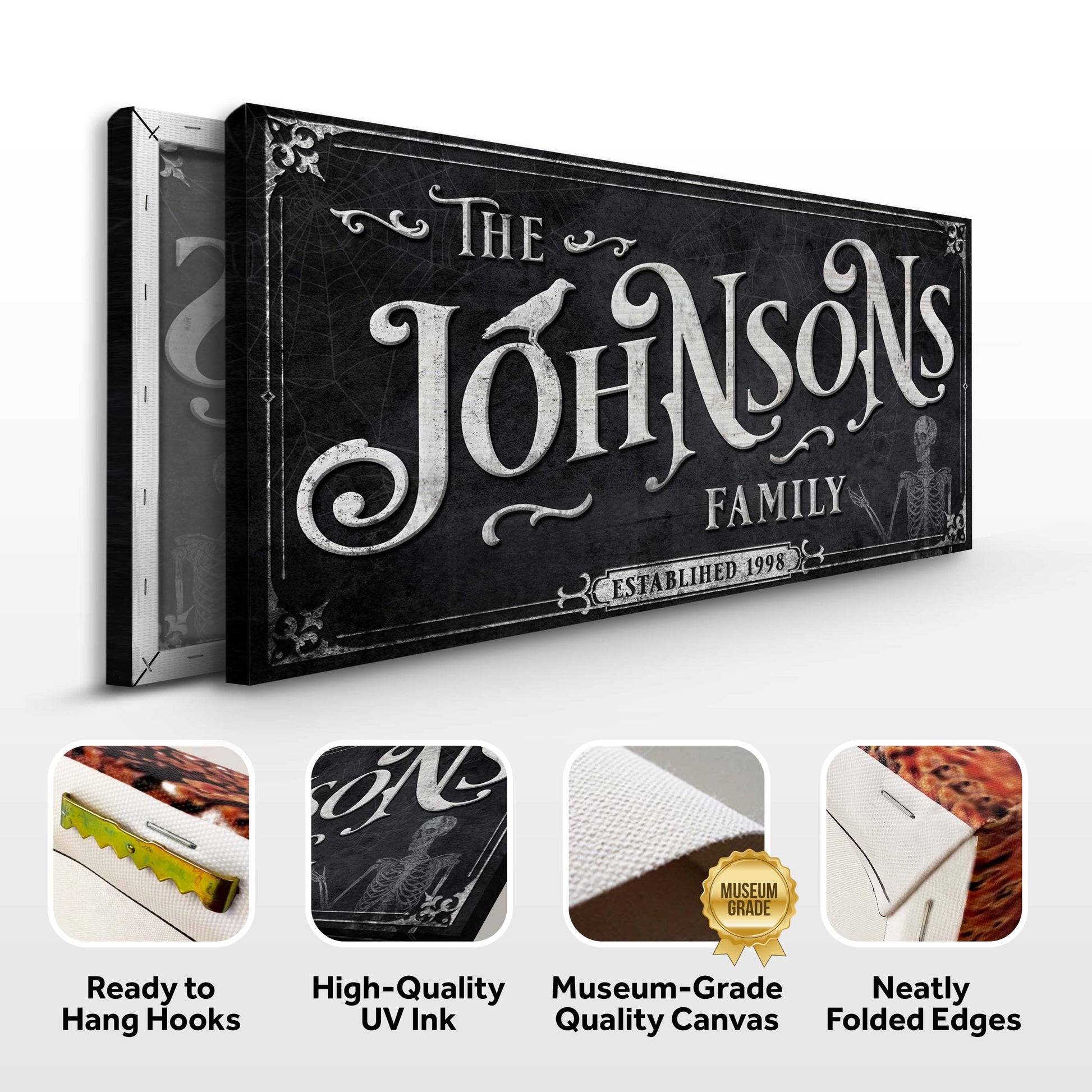 Personalized Gothic Sign III canvas by Tailored Canvases with silver lettering on black texture on Tampa Home & Garden Store