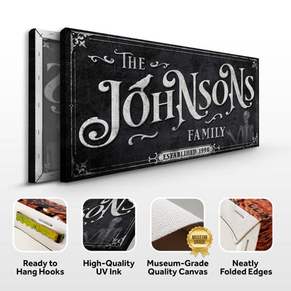 Personalized Gothic Sign III canvas by Tailored Canvases with silver lettering on black texture on Tampa Home & Garden Store
