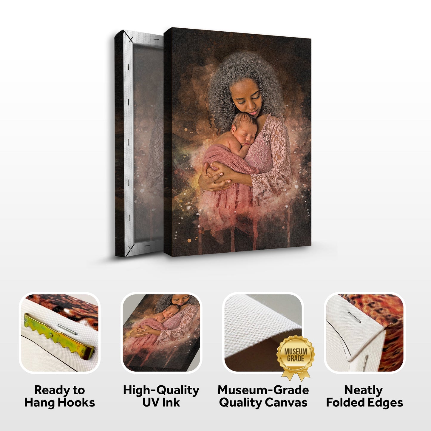 Mother's Day watercolor portrait canvas of mother and baby in pink lace against brown background on Tampa Home & Garden Store