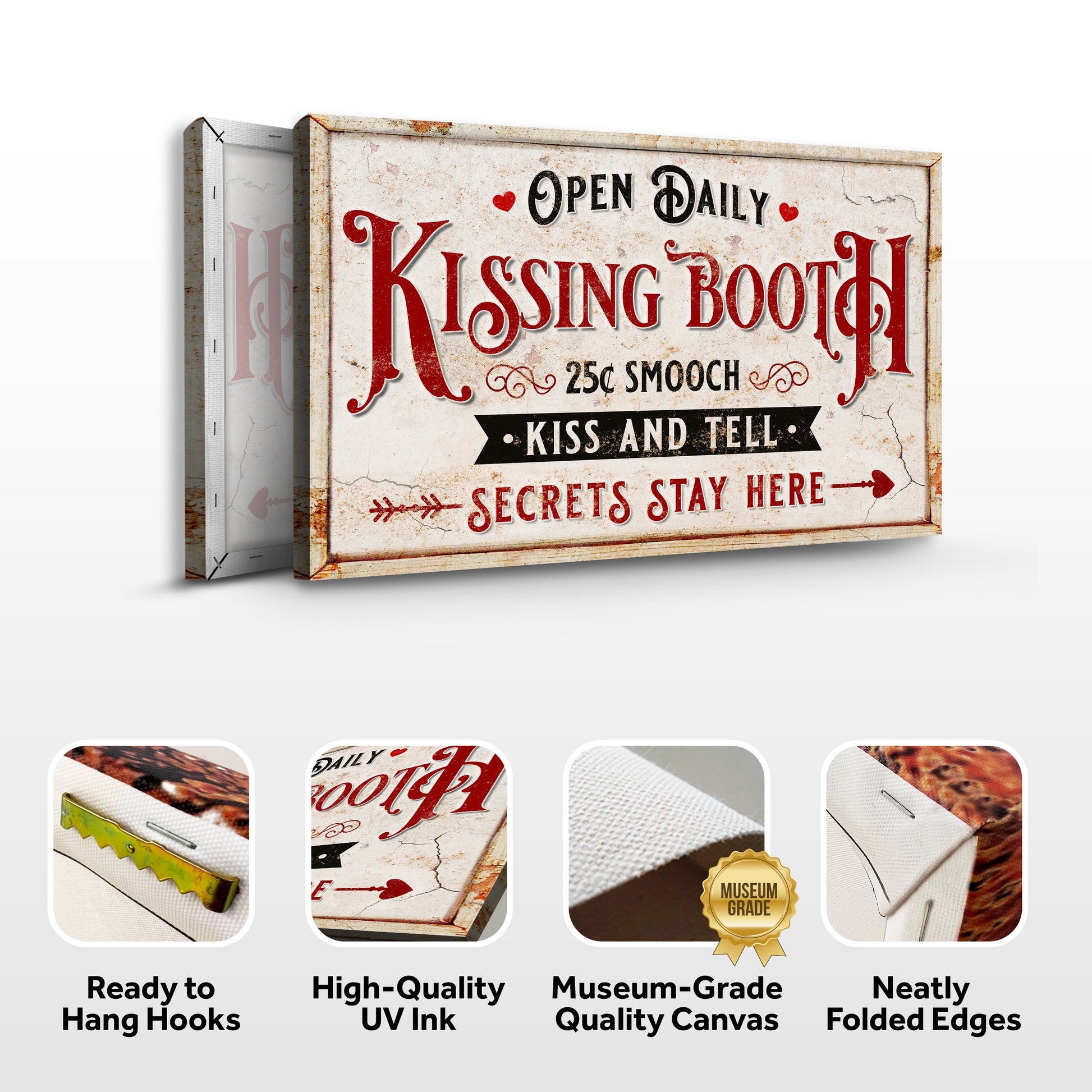 Vintage rustic kissing booth canvas with distressed beige background and red lettering on Tampa Home & Garden Store