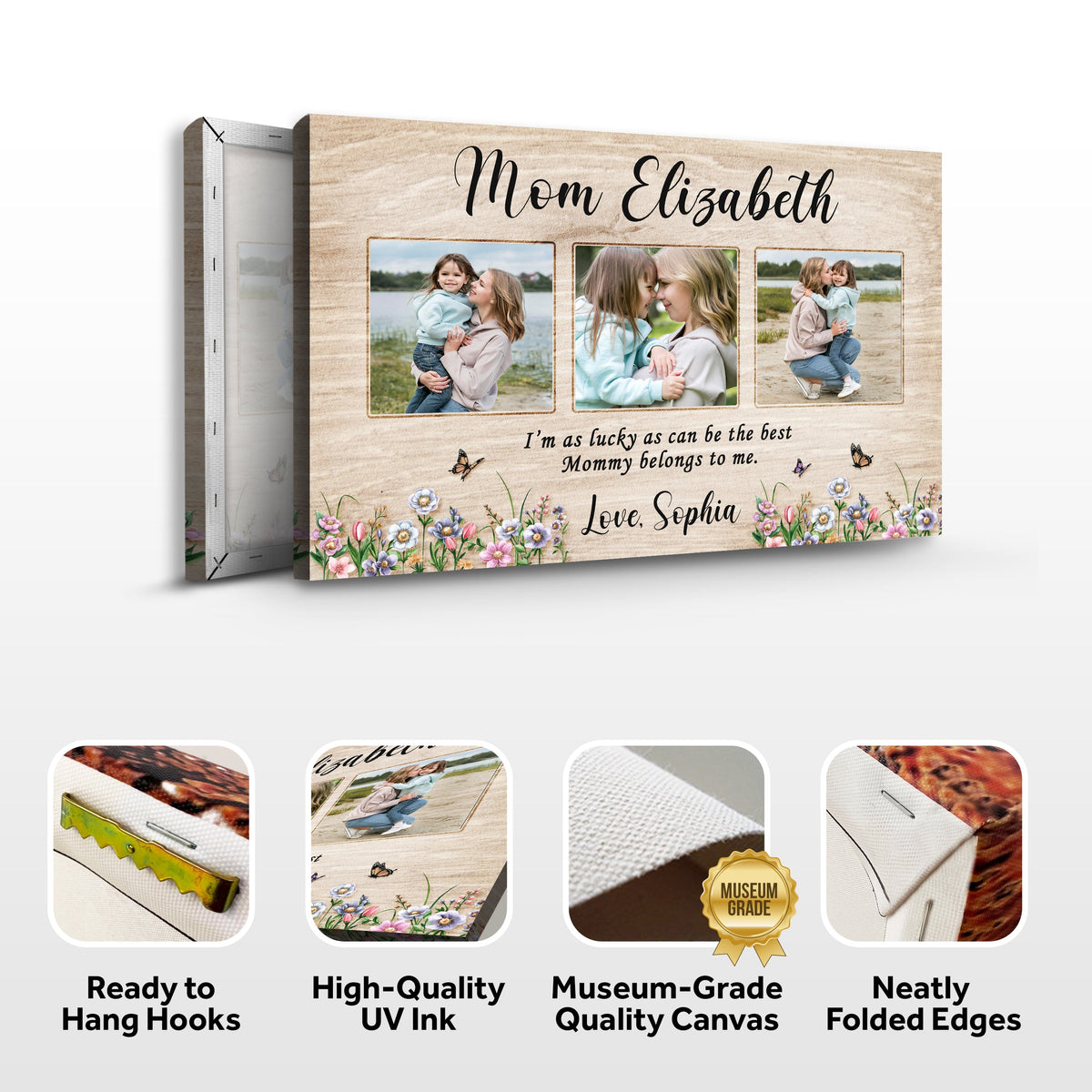 Mother's Day canvas Tailored Canvases Mom Elizabeth script and 3 photo tiles on wood on Tampa Home & Garden Store