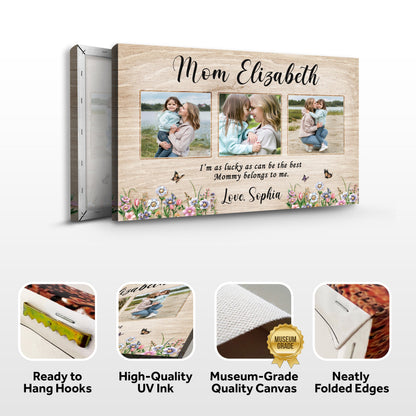 Mother's Day canvas Tailored Canvases Mom Elizabeth script and 3 photo tiles on wood on Tampa Home & Garden Store