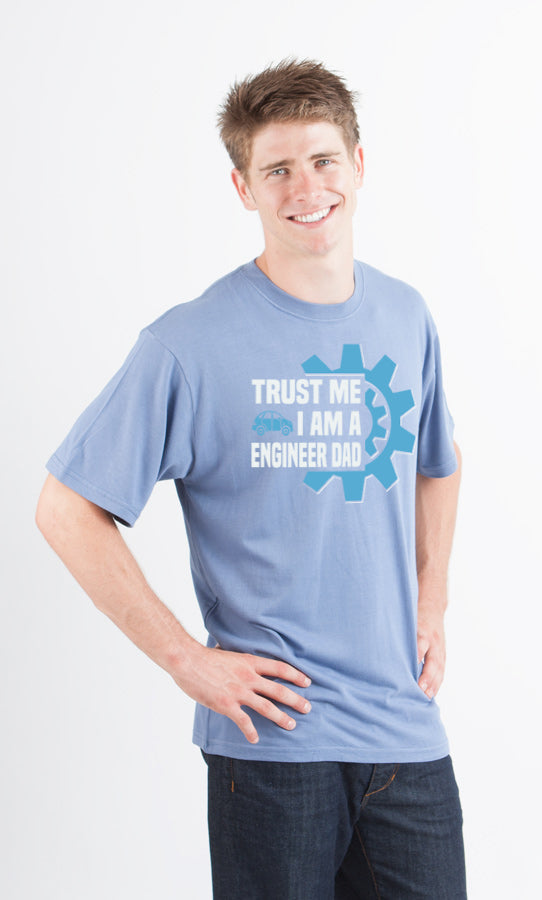 Mens light blue Spun Bamboo short sleeve T-shirt with Trust Me I Am a Engineer Dad graphic on Tampa Home & Garden Store