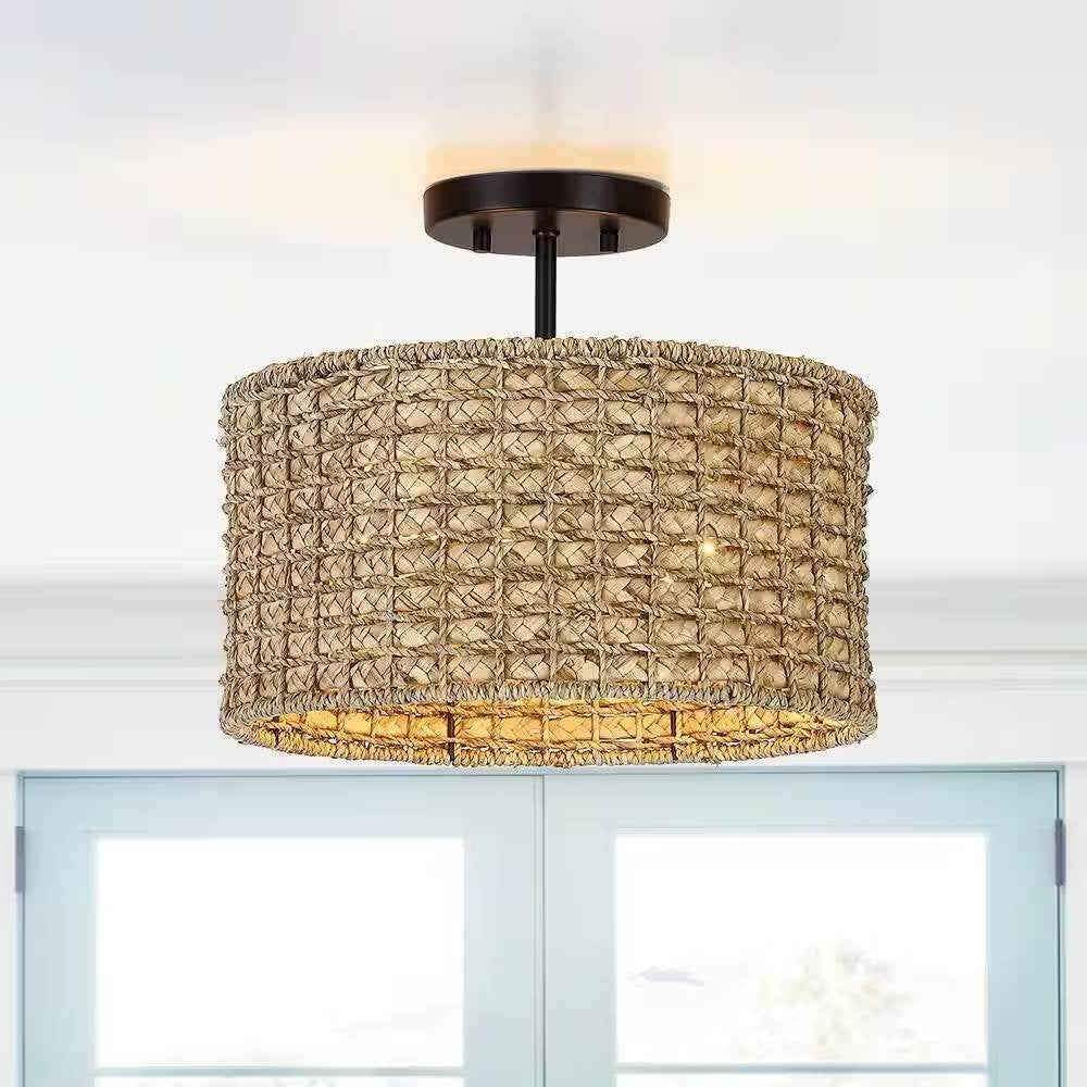 Lámpara de techo semienrasada de 2 luces tipo tambor, redonda, de ratán, bohemia, de 13.6 pulgadas