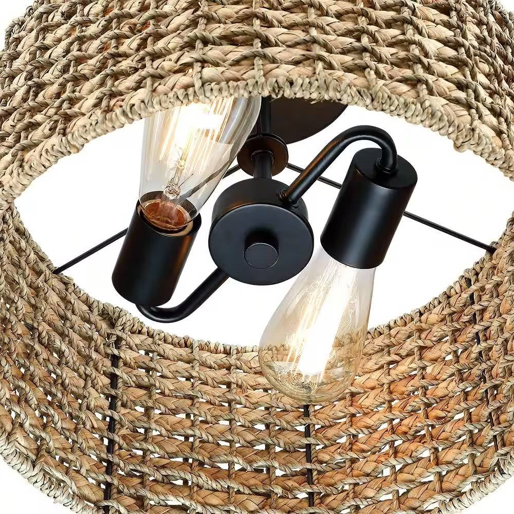 Lámpara de techo semienrasada de 2 luces tipo tambor, redonda, de ratán, bohemia, de 13.6 pulgadas