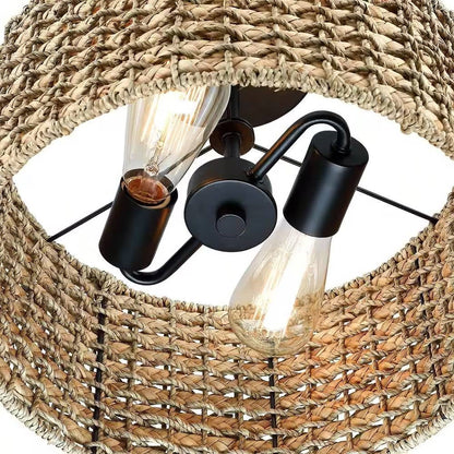 Lámpara de techo semienrasada de 2 luces tipo tambor, redonda, de ratán, bohemia, de 13.6 pulgadas