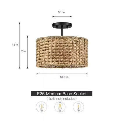 Lámpara de techo semienrasada de 2 luces tipo tambor, redonda, de ratán, bohemia, de 13.6 pulgadas