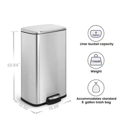 Cubo de basura de cocina de acero inoxidable de 8 galones con tapa de pedal