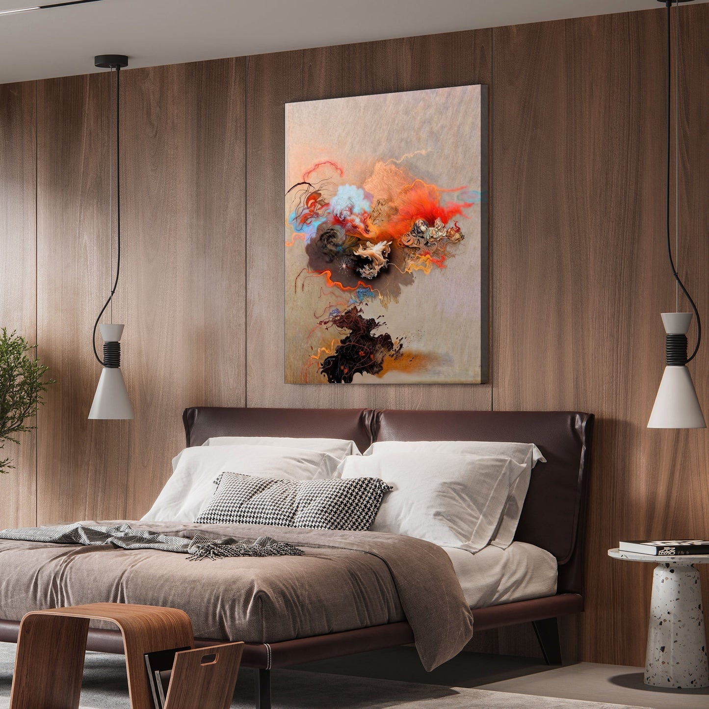 Canvas Print Ethereal Unfolding II by Tailored Canvases, abstract color swirls against wood wall on Tampa Home & Garden Store