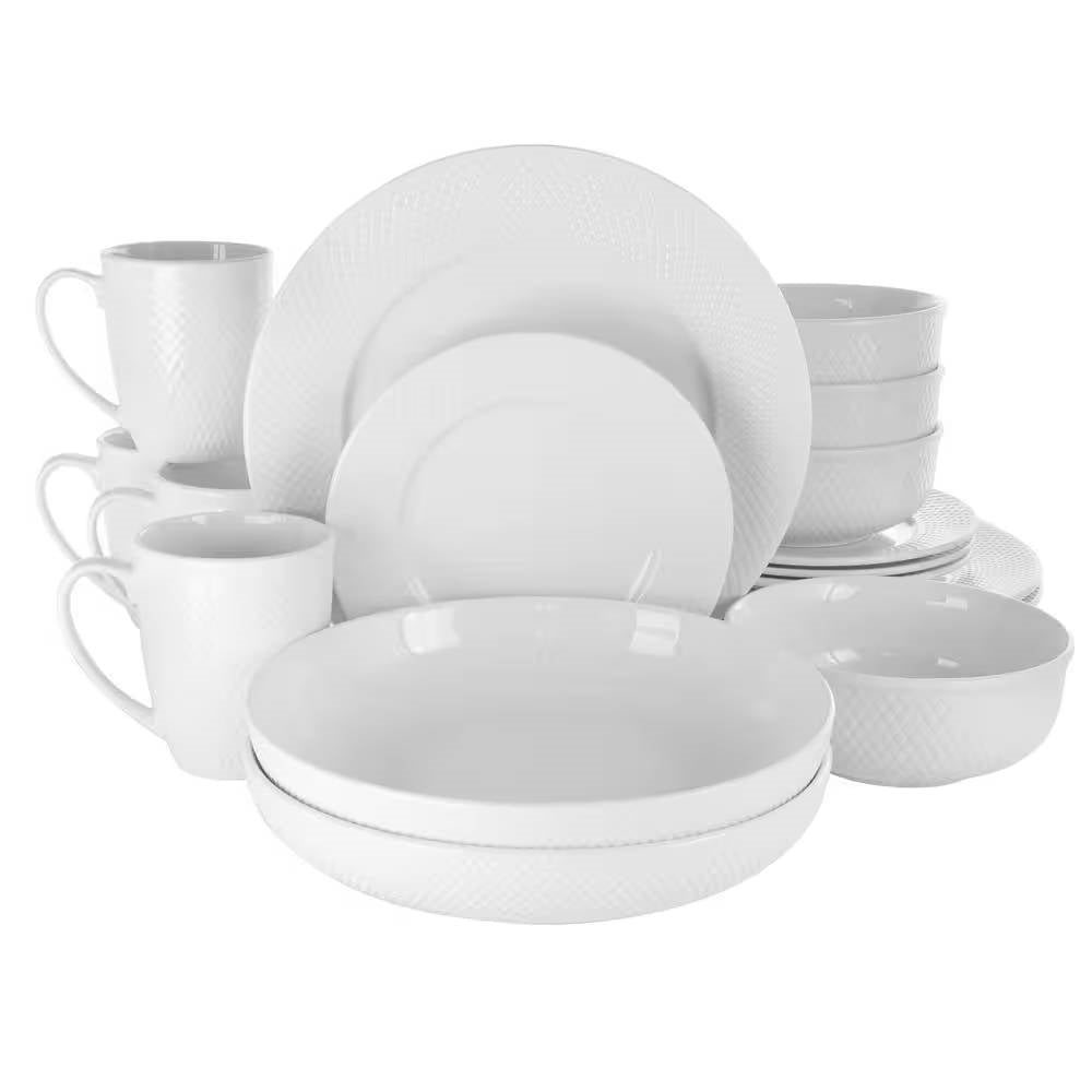 Juego de vajilla de porcelana blanca de 18 piezas con platos, cuencos y tazas - Servicio para 4