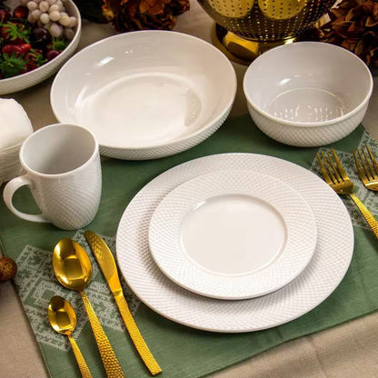 Juego de vajilla de porcelana blanca de 18 piezas con platos, cuencos y tazas - Servicio para 4