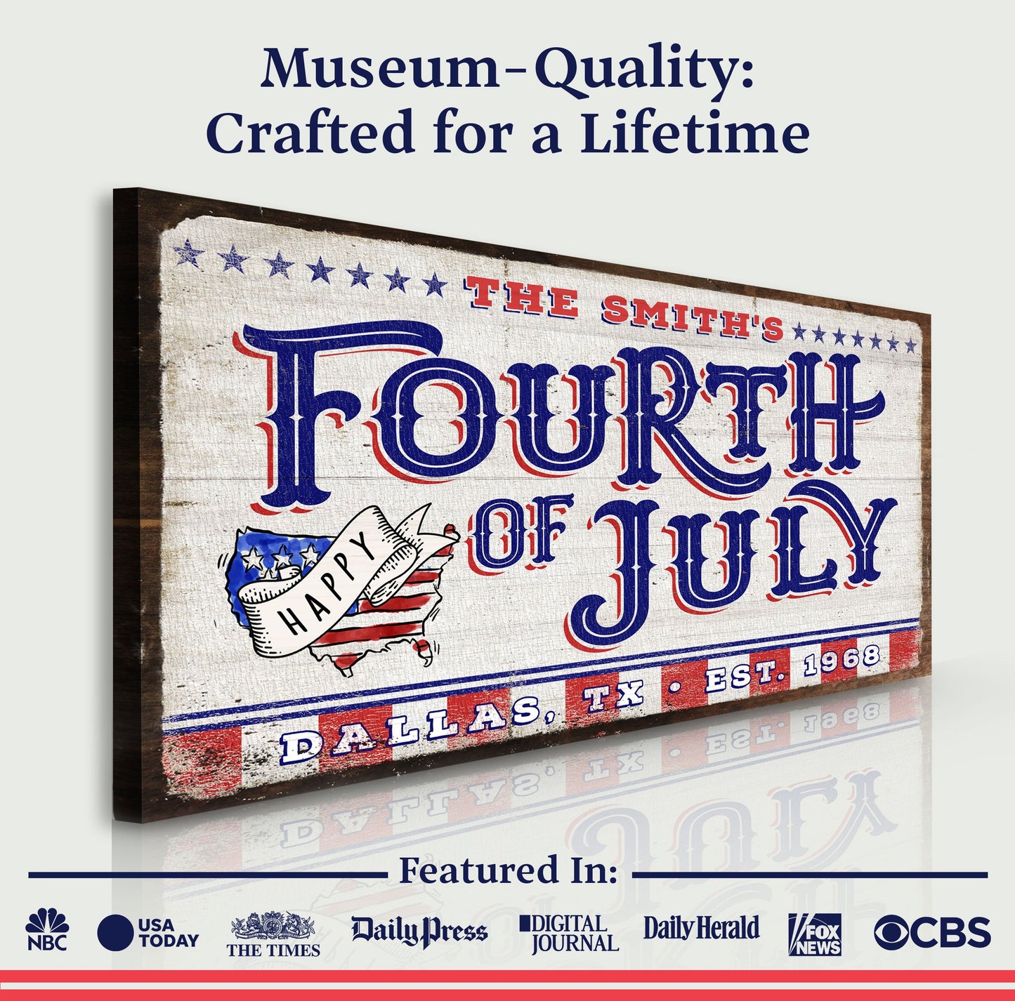 4th of July Personalized Welcome Sign canvas with red white blue typography on Tampa Home & Garden Store
