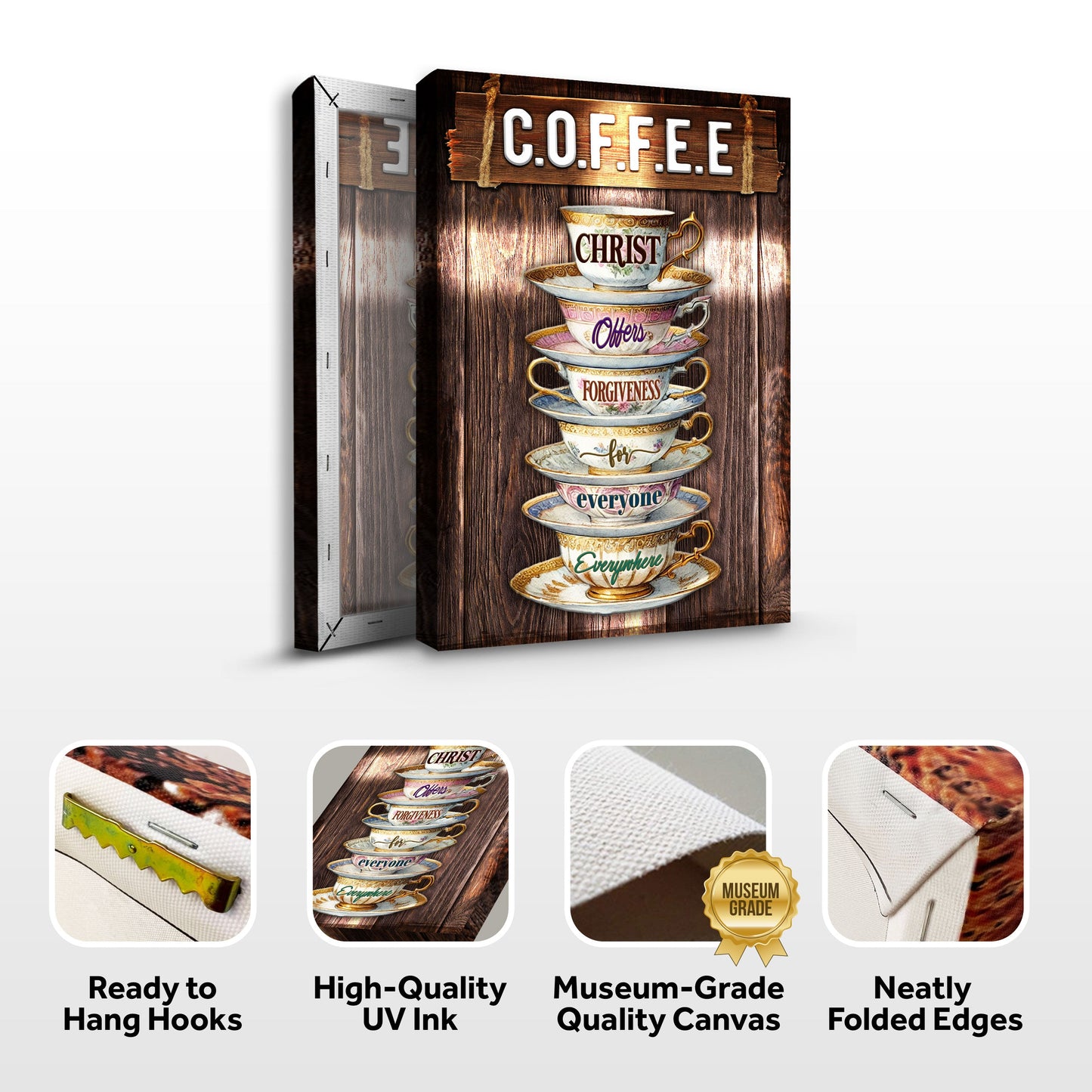 Canvas C.O.F.F.E.E Faith Sign VIII by Tailored Canvases with stacked teacups on wood on Tampa Home & Garden Store