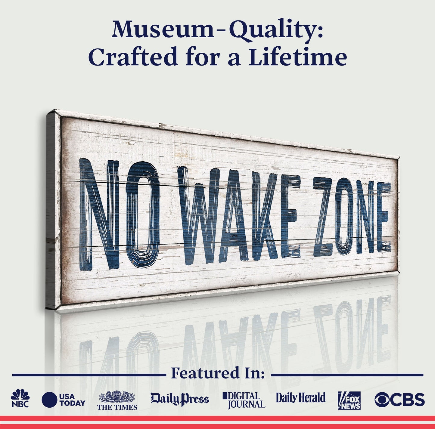 No Wake Zone Sign XVIII canvas by Tailored Canvases featuring weathered wood panel and bold blue lettering on Tampa Home & Garden Store