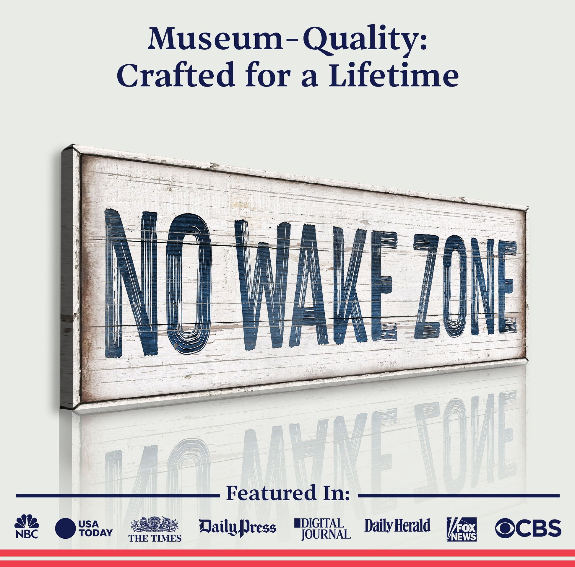 No Wake Zone Sign XVIII canvas by Tailored Canvases featuring weathered wood panel and bold blue lettering on Tampa Home & Garden Store