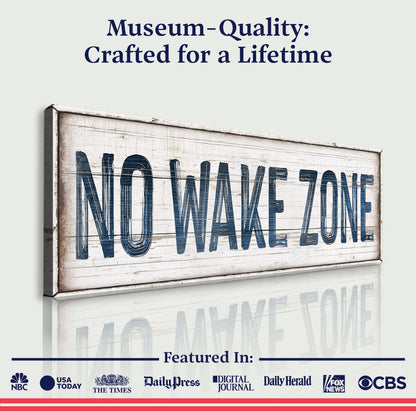No Wake Zone Sign XVIII canvas by Tailored Canvases featuring weathered wood panel and bold blue lettering on Tampa Home & Garden Store