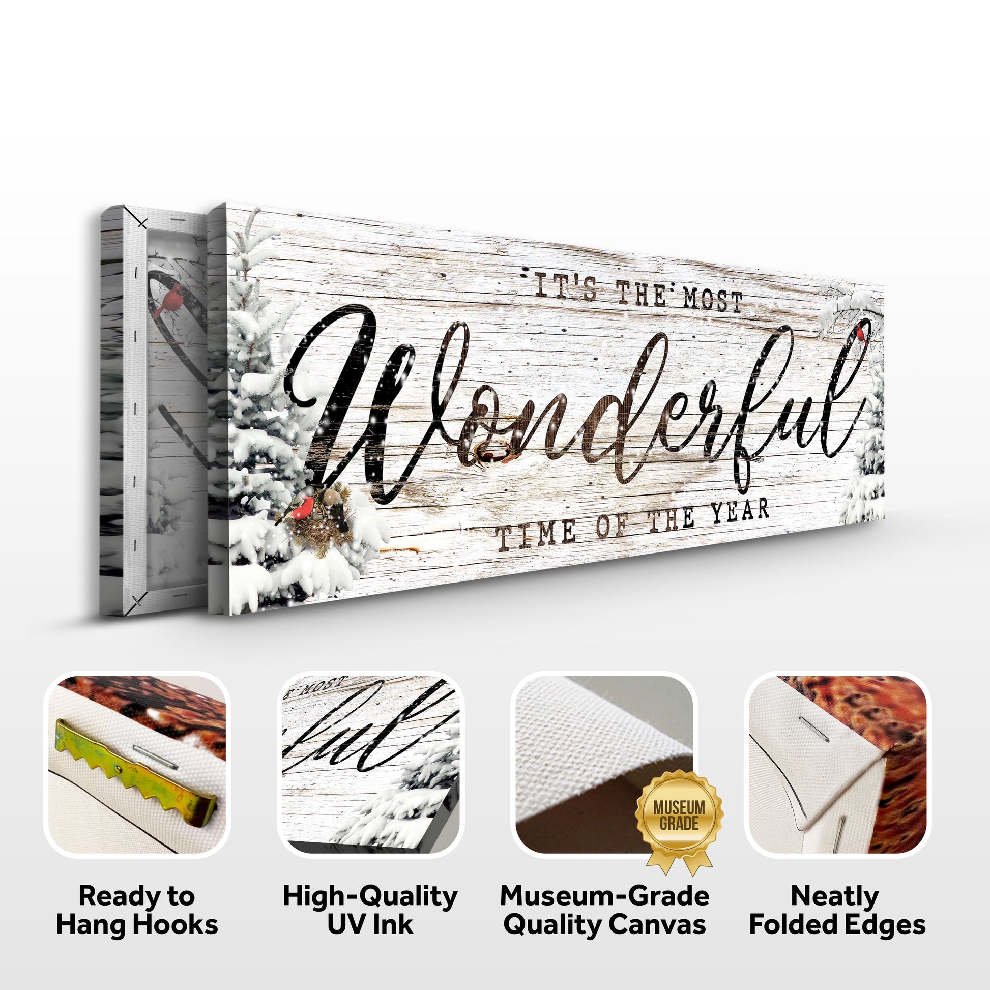 It's the most Wonderful Time of the Year canvas sign with rustic wood, black script, snow accents on Tampa Home & Garden Store