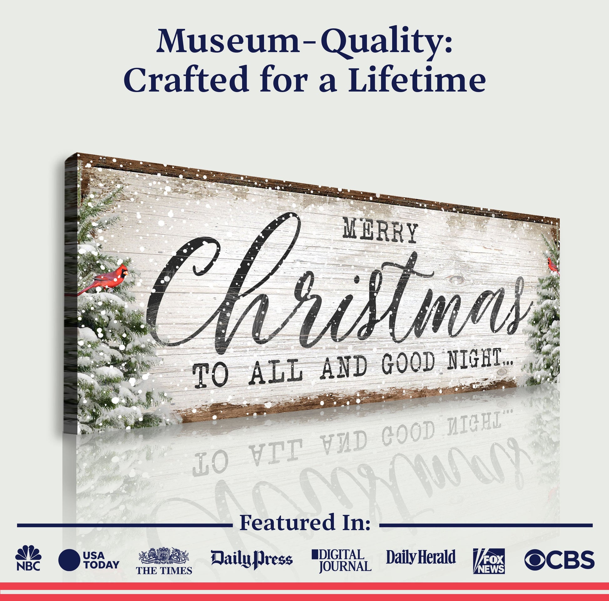 Canvas Merry Christmas To All And Goodnight Sign on rustic wood with snow and pine on Tampa Home & Garden Store