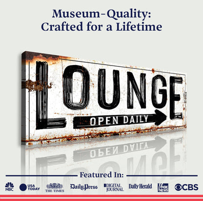 Open Daily Lounge Rustic Sign canvas with bold OPEN lettering by Tailored Canvases on Tampa Home & Garden Store
