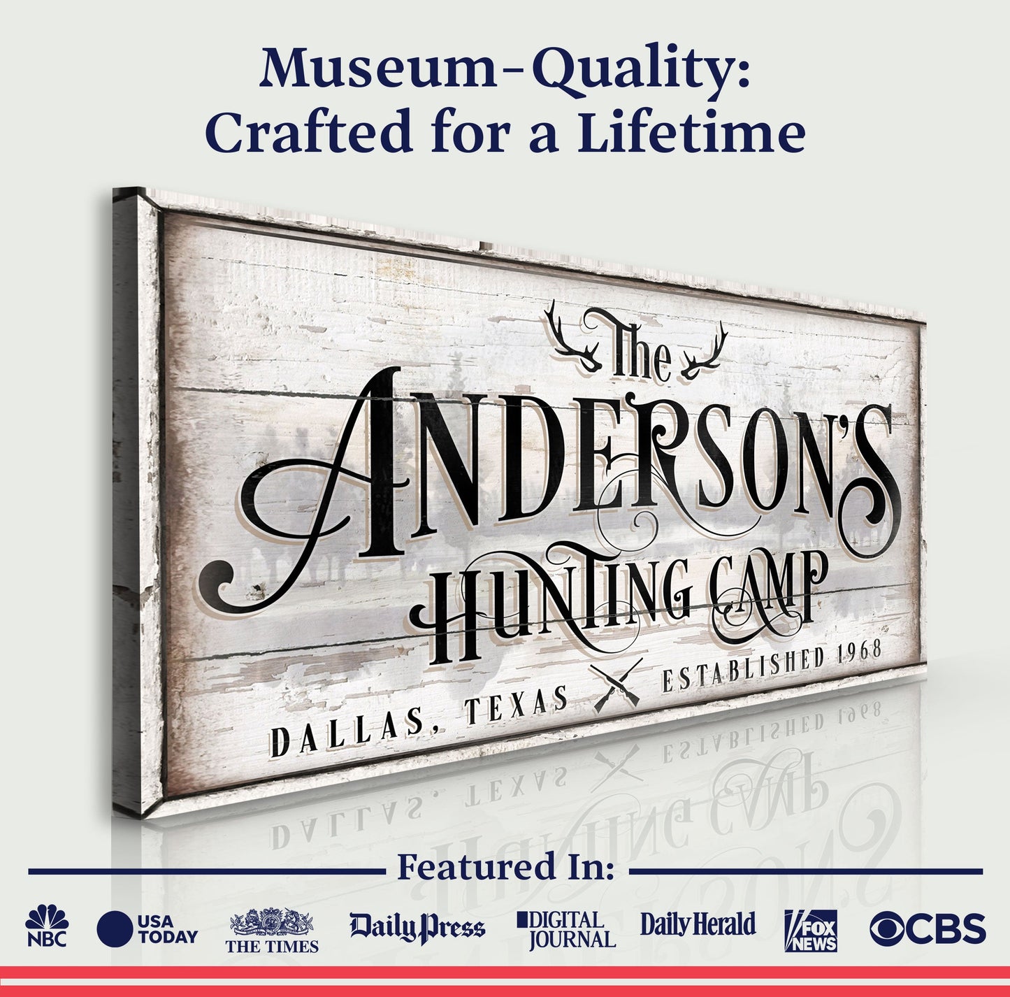 Family Hunting Camp Sign II canvas with rustic weathered whitewashed wood and ornate typography on Tampa Home & Garden Store