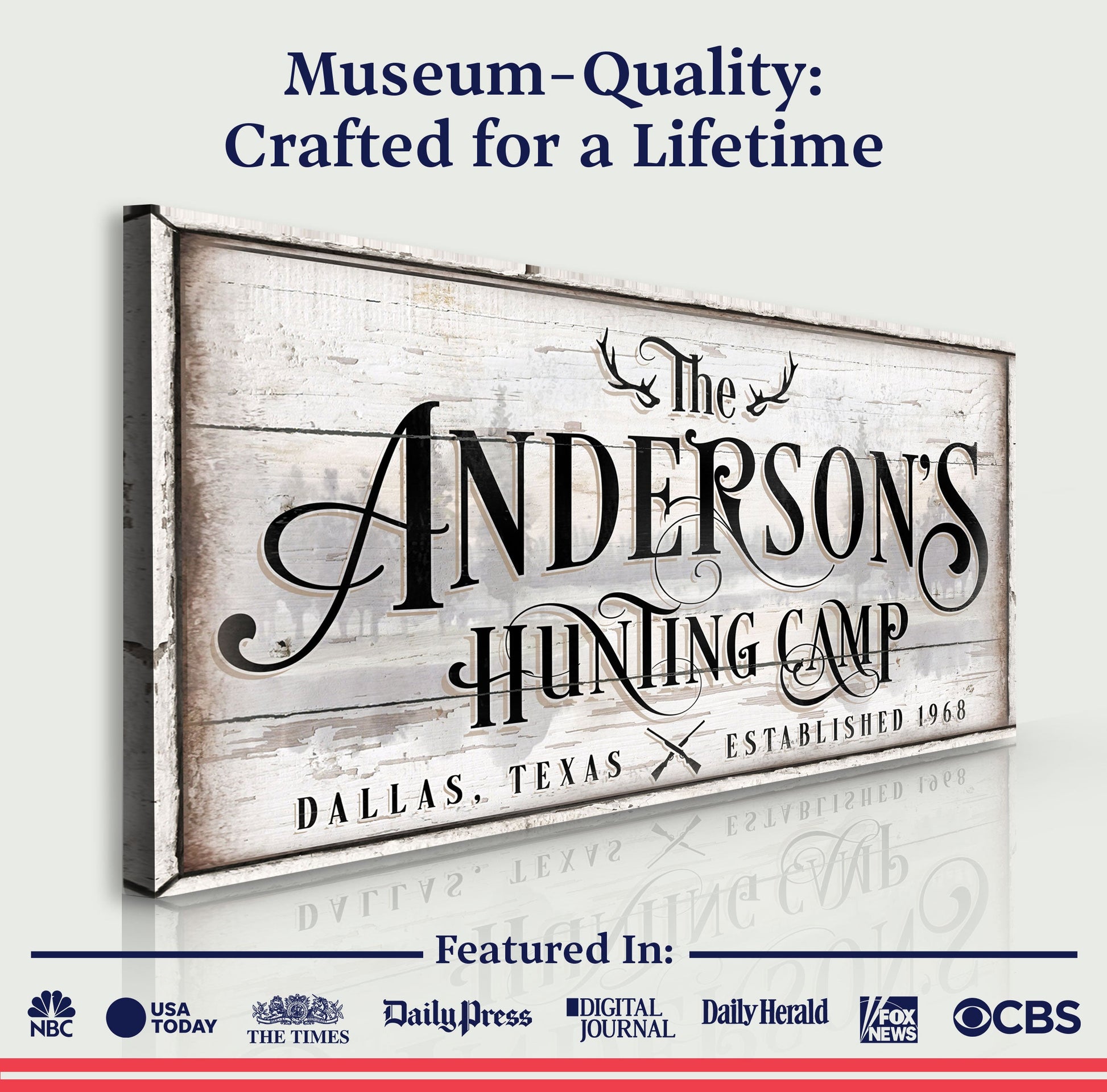 Family Hunting Camp Sign II canvas with rustic weathered whitewashed wood and ornate typography on Tampa Home & Garden Store
