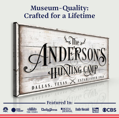 Family Hunting Camp Sign II canvas with rustic weathered whitewashed wood and ornate typography on Tampa Home & Garden Store