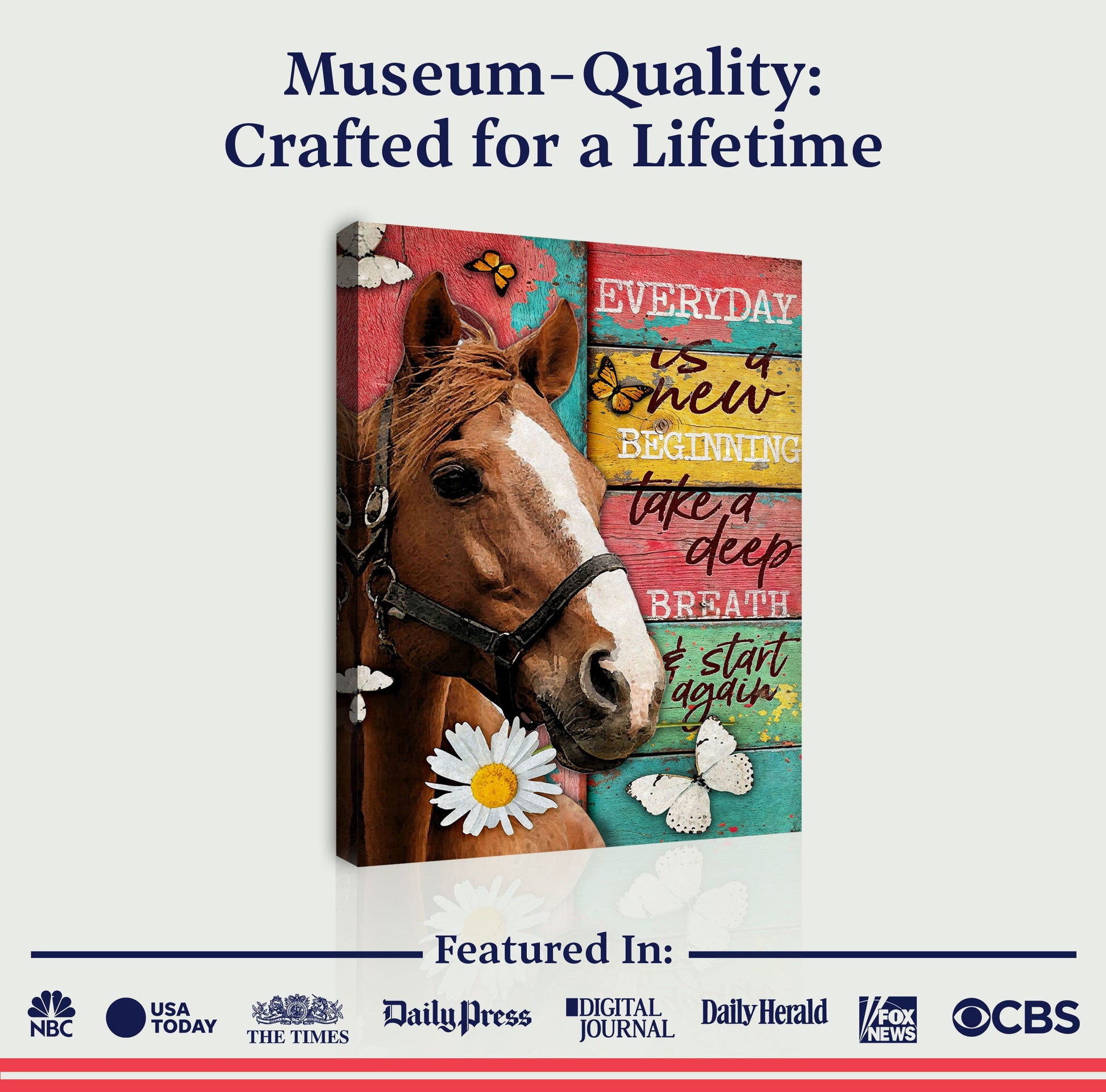 Everyday Is A New Beginning Faith Sign canvas showing a close-up horse with daisies on boards on Tampa Home & Garden Store
