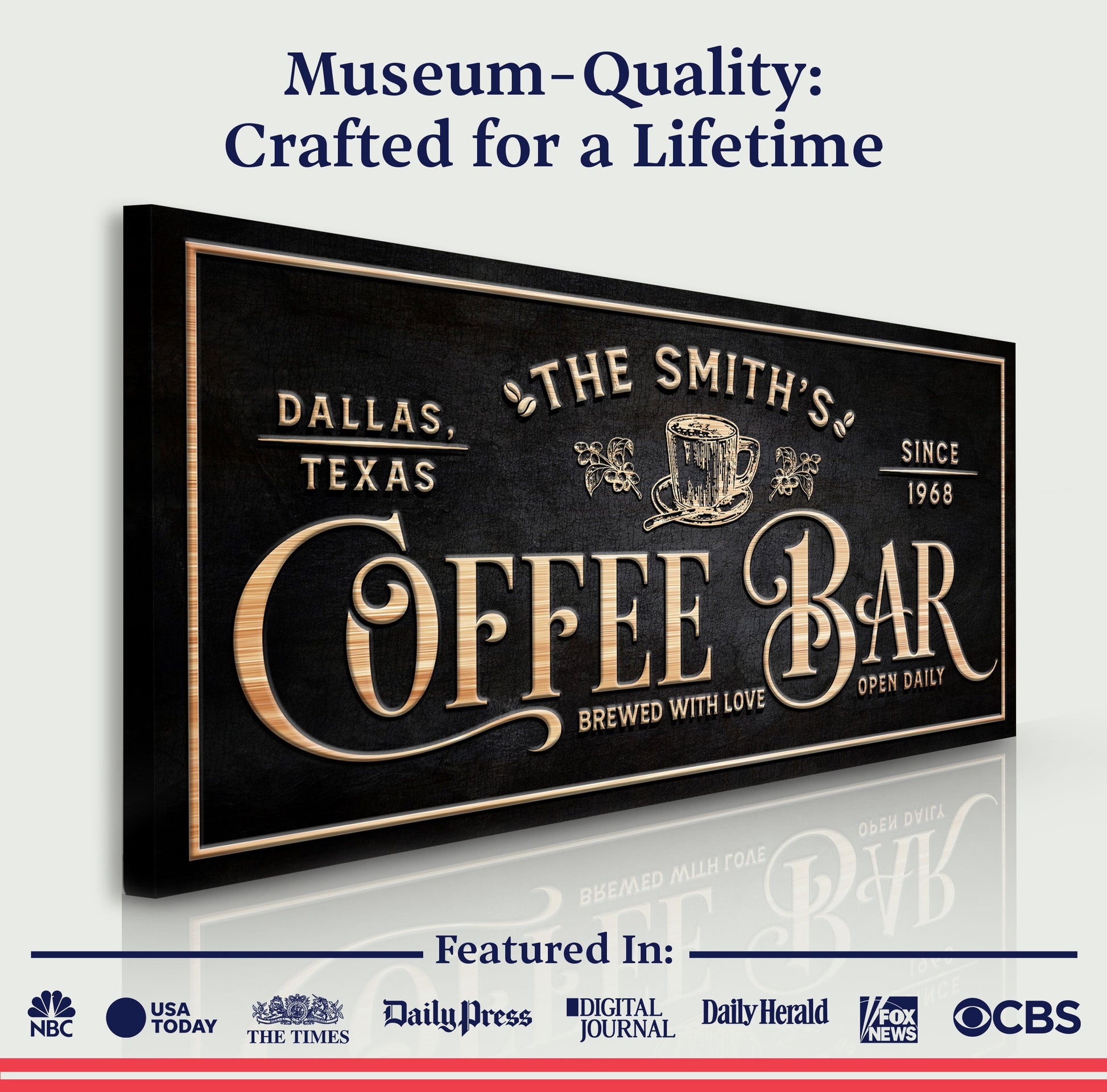 Personalized Coffee Bar Sign II canvas by Tailored Canvases in black with copper lettering on Tampa Home & Garden Store