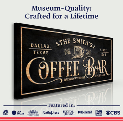 Personalized Coffee Bar Sign II canvas by Tailored Canvases in black with copper lettering on Tampa Home & Garden Store