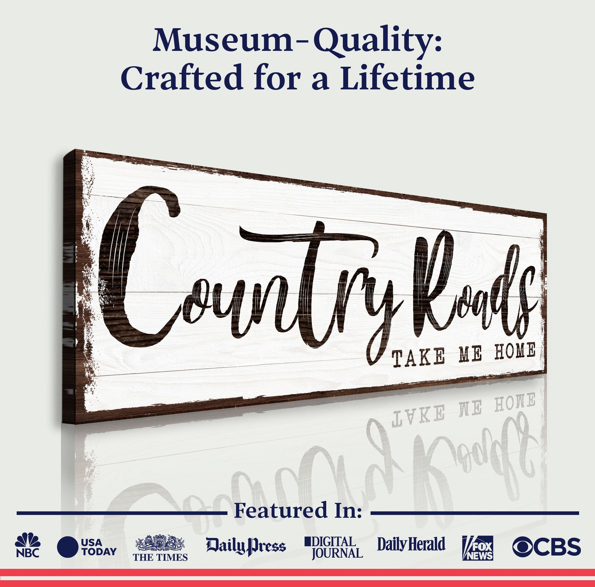 Country Roads Take Me Home Sign III canvas by Tailored Canvases with rustic distressed wood look on Tampa Home & Garden Store