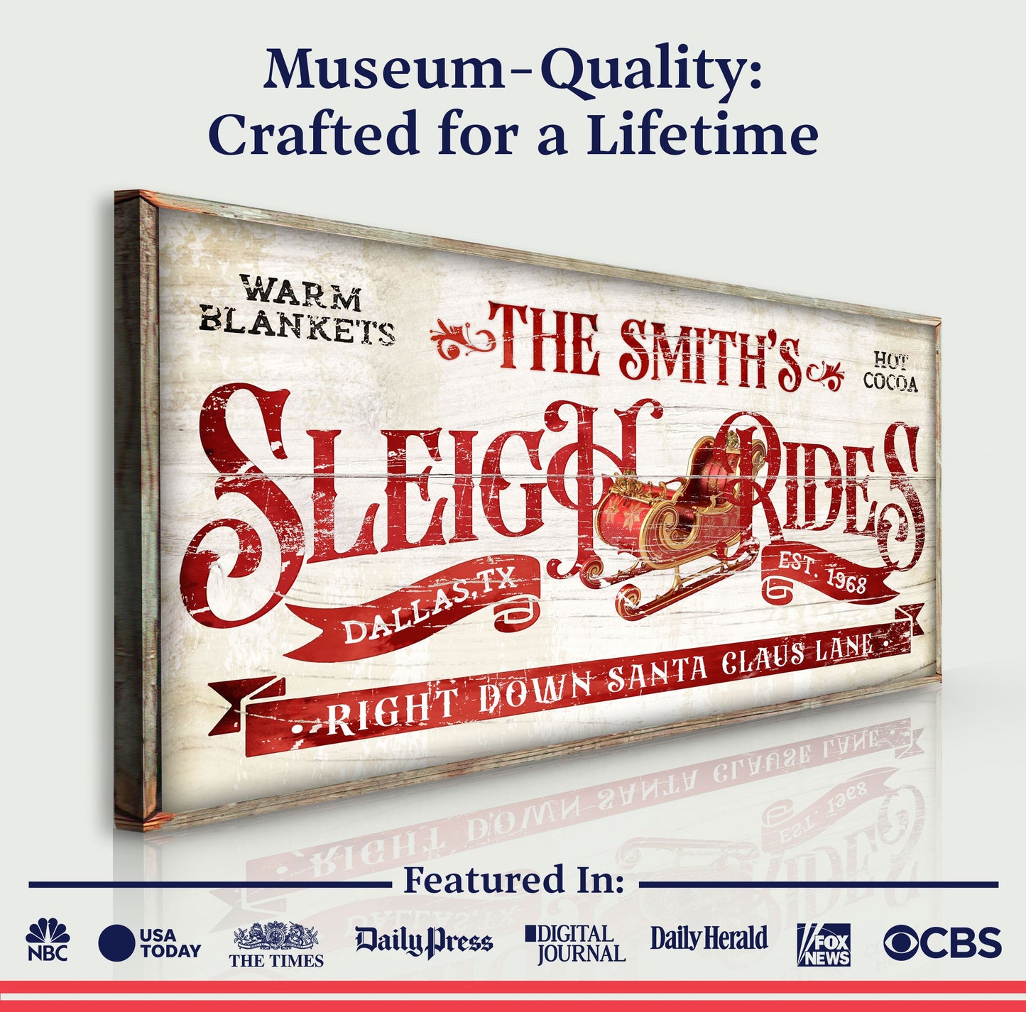 Canvas Sleigh Rides Christmas Sign III by Tailored Canvases with rustic red typography on wood on Tampa Home & Garden Store