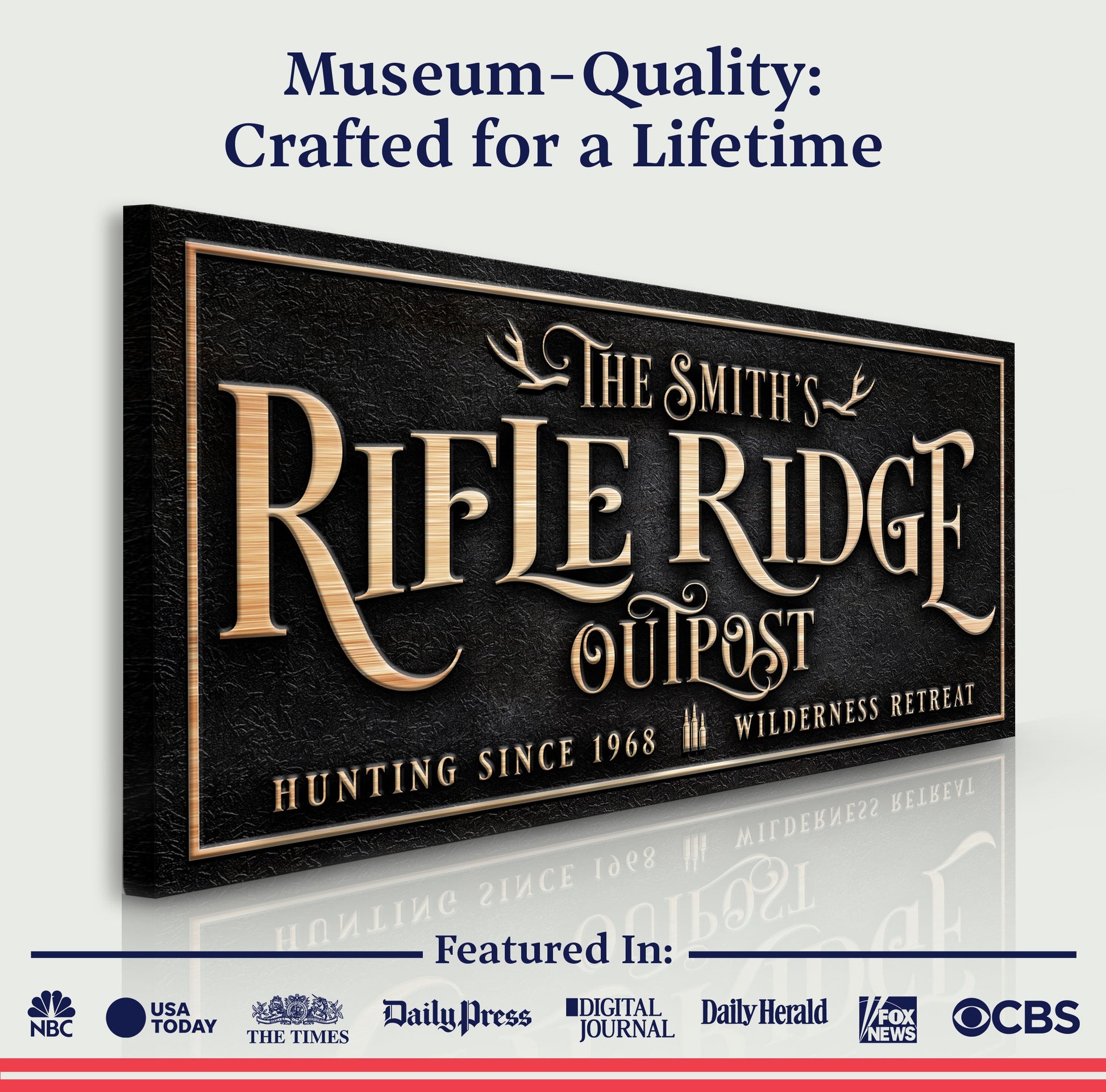 Personalized Rifle Ridge Outpost Family Sign canvas with black finish and copper lettering on Tampa Home & Garden Store