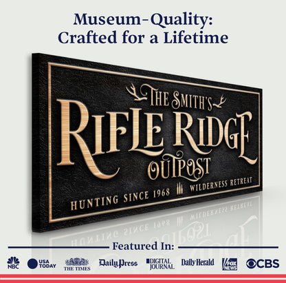 Personalized Rifle Ridge Outpost Family Sign canvas with black finish and copper lettering on Tampa Home & Garden Store