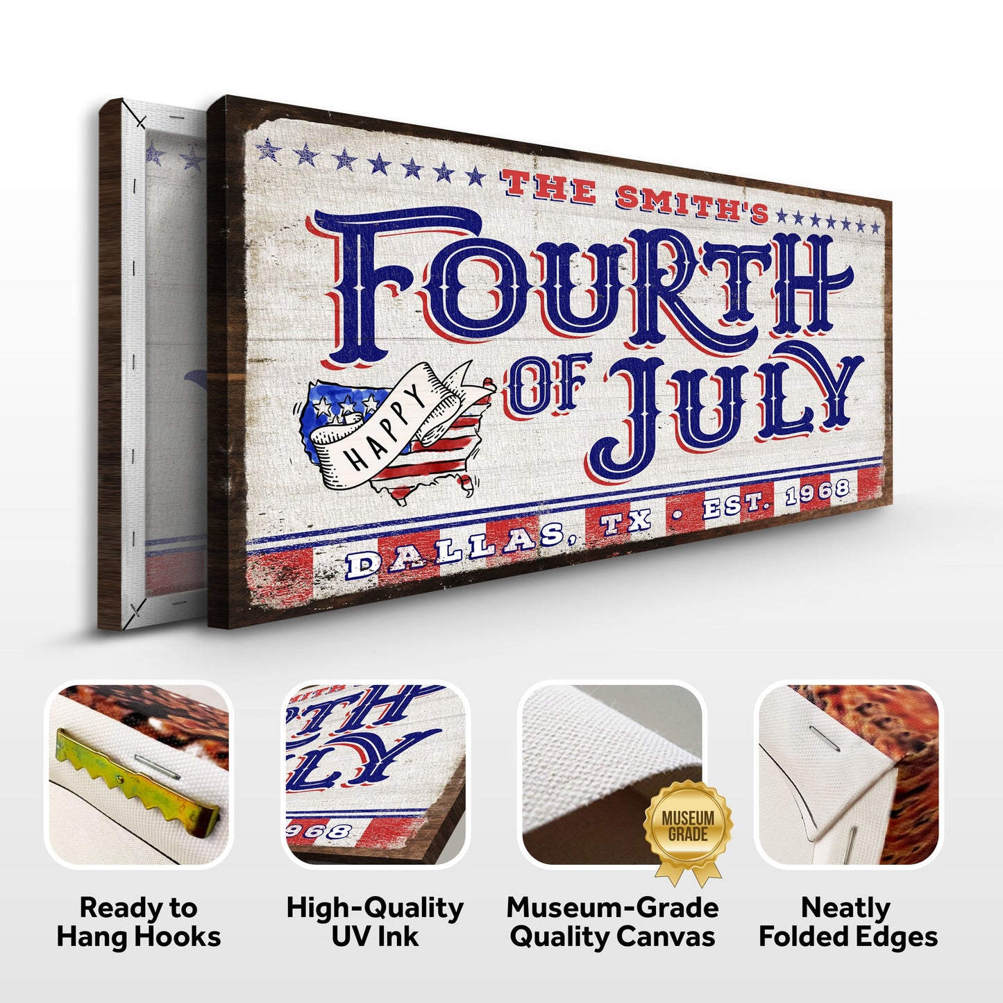 4th of July Personalized Welcome Sign canvas by Tailored Canvases with vintage white background and red-blue typography on Tampa Home & Garden Store