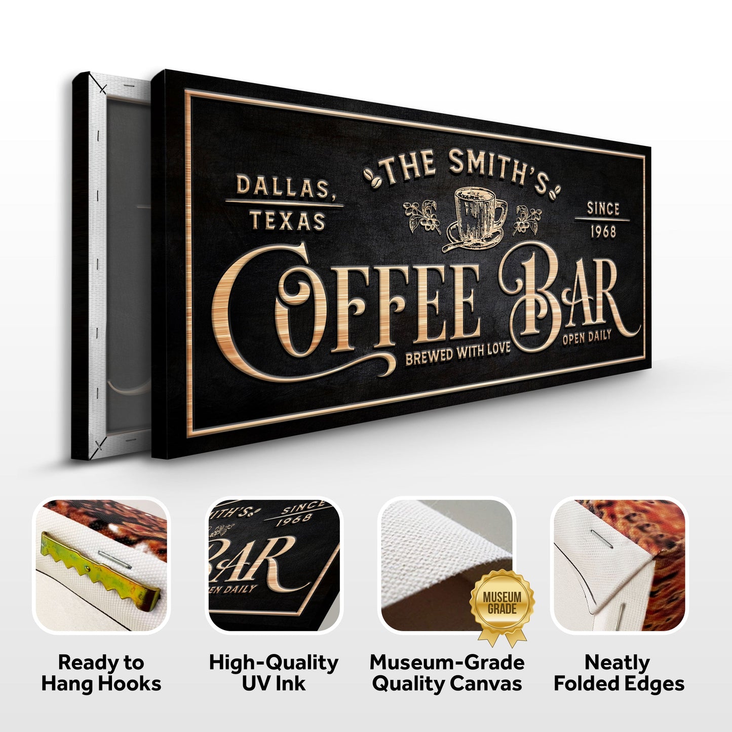 Personalized Coffee Bar Sign II canvas with black texture and copper-tone lettering on Tampa Home & Garden Store