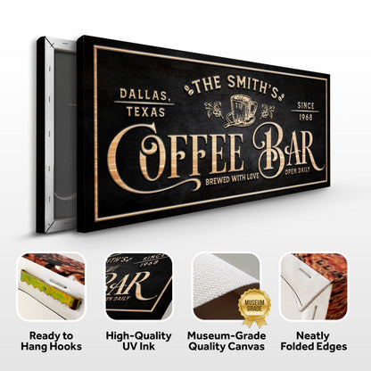 Personalized Coffee Bar Sign II canvas with black texture and copper-tone lettering on Tampa Home & Garden Store
