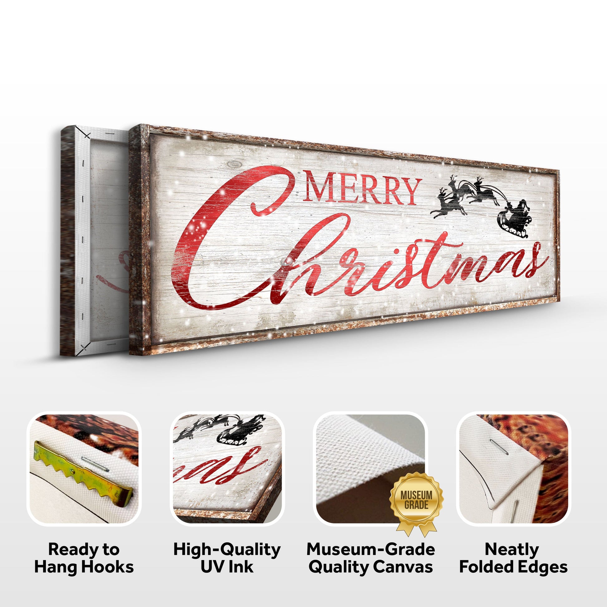 Canvas Vintage Merry Christmas sign by Tailored Canvases; whitewashed wood with red script on Tampa Home & Garden Store