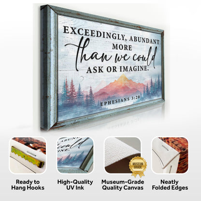 Faith sign canvas with Ephesians 3:20 quote, rustic metal frame and mountain landscape on Tampa Home & Garden Store