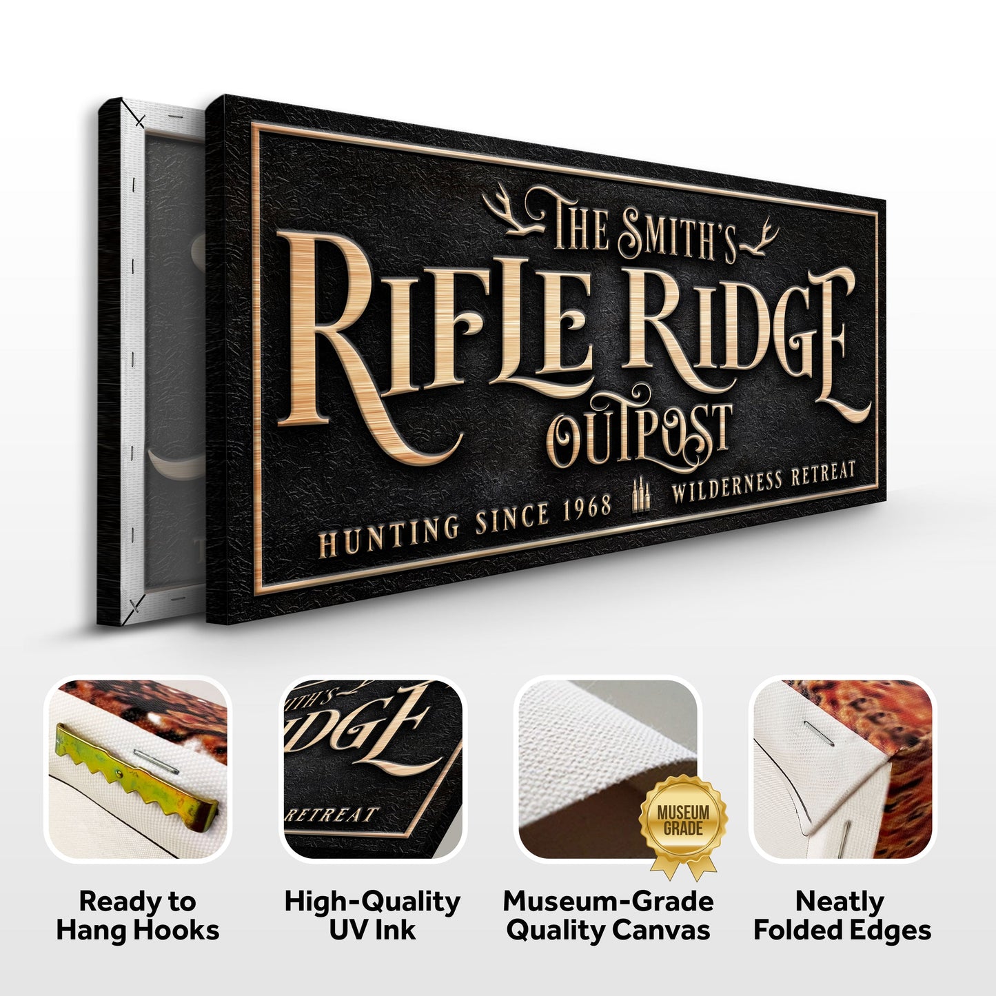 Canvas sign Rifle Ridge Outpost Family with black textured background and gold lettering on Tampa Home & Garden Store