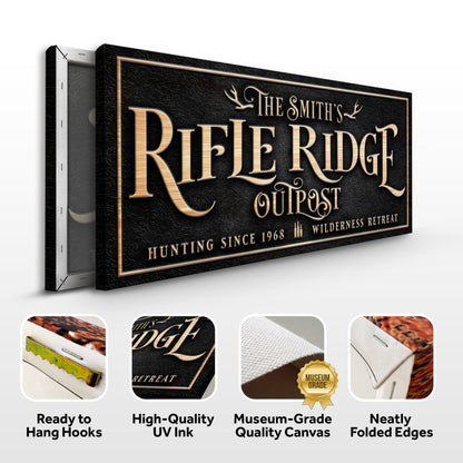 Canvas sign Rifle Ridge Outpost Family with black textured background and gold lettering on Tampa Home & Garden Store
