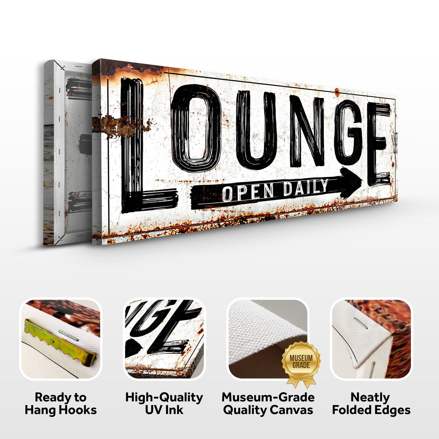 Open Daily Lounge Rustic Sign canvas print with distressed white background and black lettering on Tampa Home & Garden Store