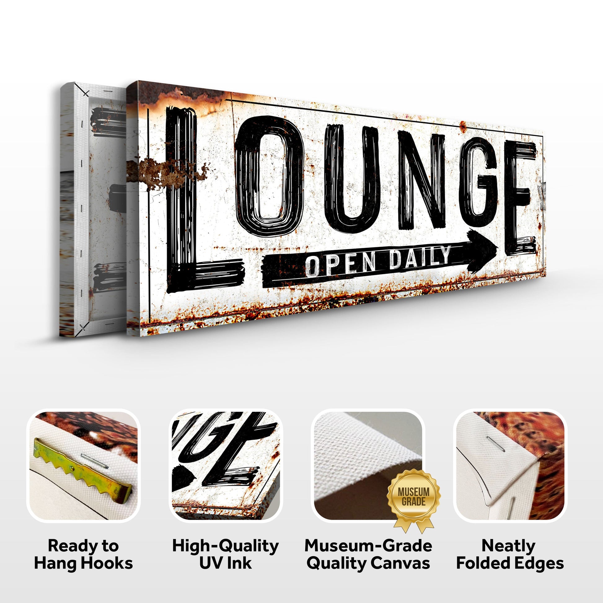 Open Daily Lounge Rustic Sign canvas print with distressed white background and black lettering on Tampa Home & Garden Store