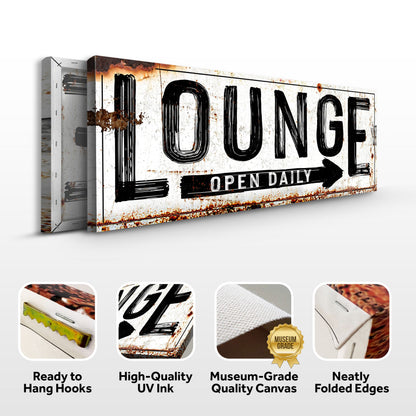 Open Daily Lounge Rustic Sign canvas print with distressed white background and black lettering on Tampa Home & Garden Store
