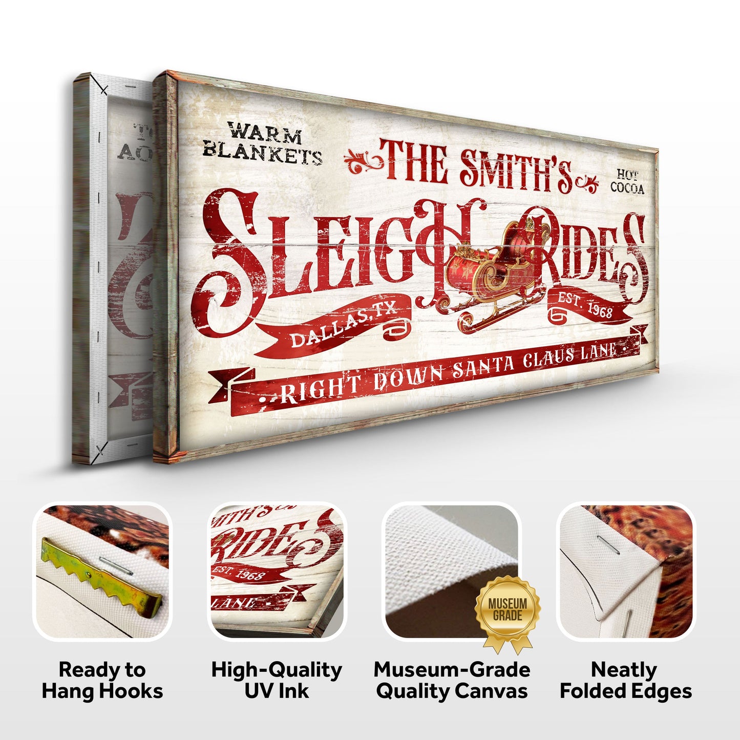 Sleigh Rides Christmas Sign III canvas with red lettering Tailored Canvases on Tampa Home & Garden Store