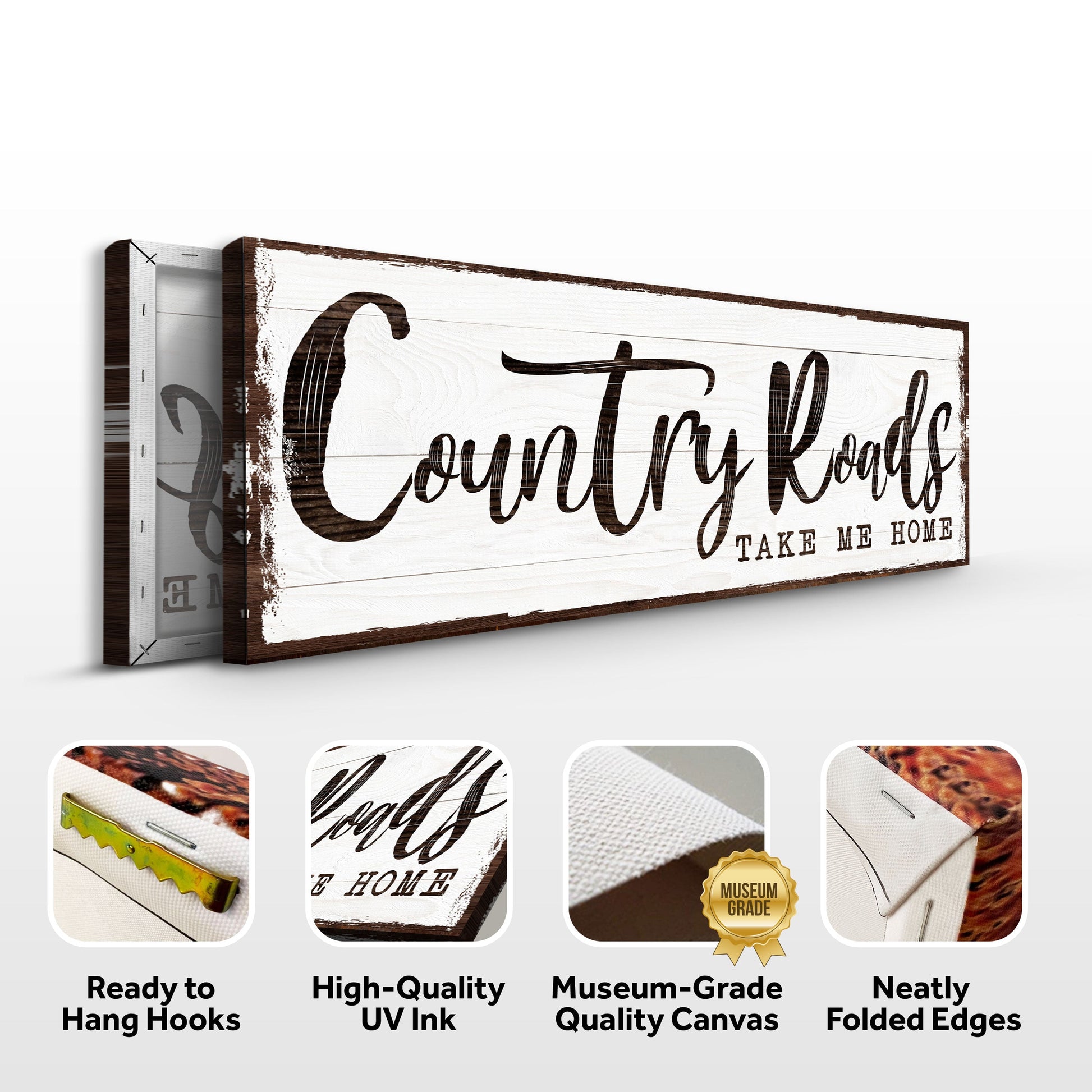 Country Roads Take Me Home canvas sign by Tailored Canvases, rustic whitewashed wood panel on Tampa Home & Garden Store